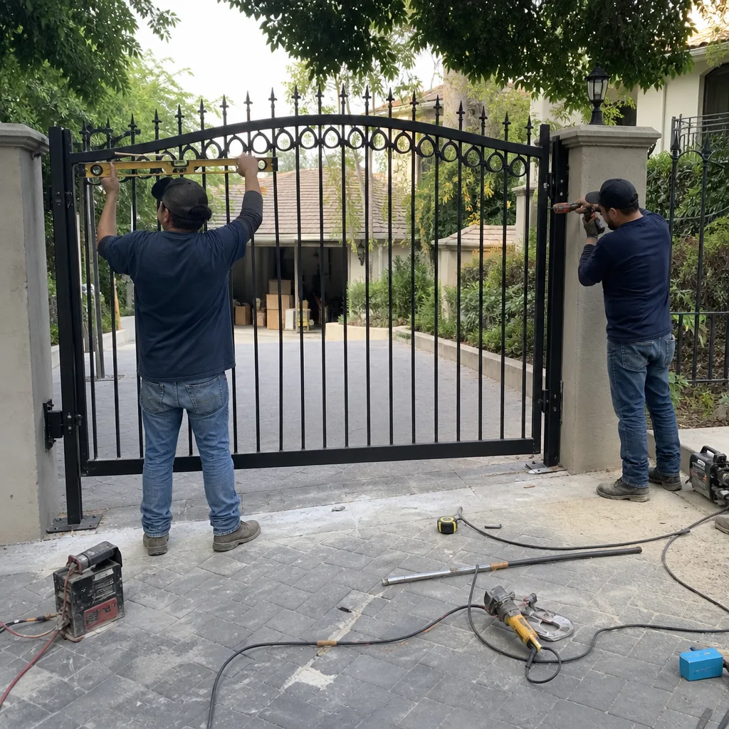 Two technicians installing a black metal gate at a residential driveway