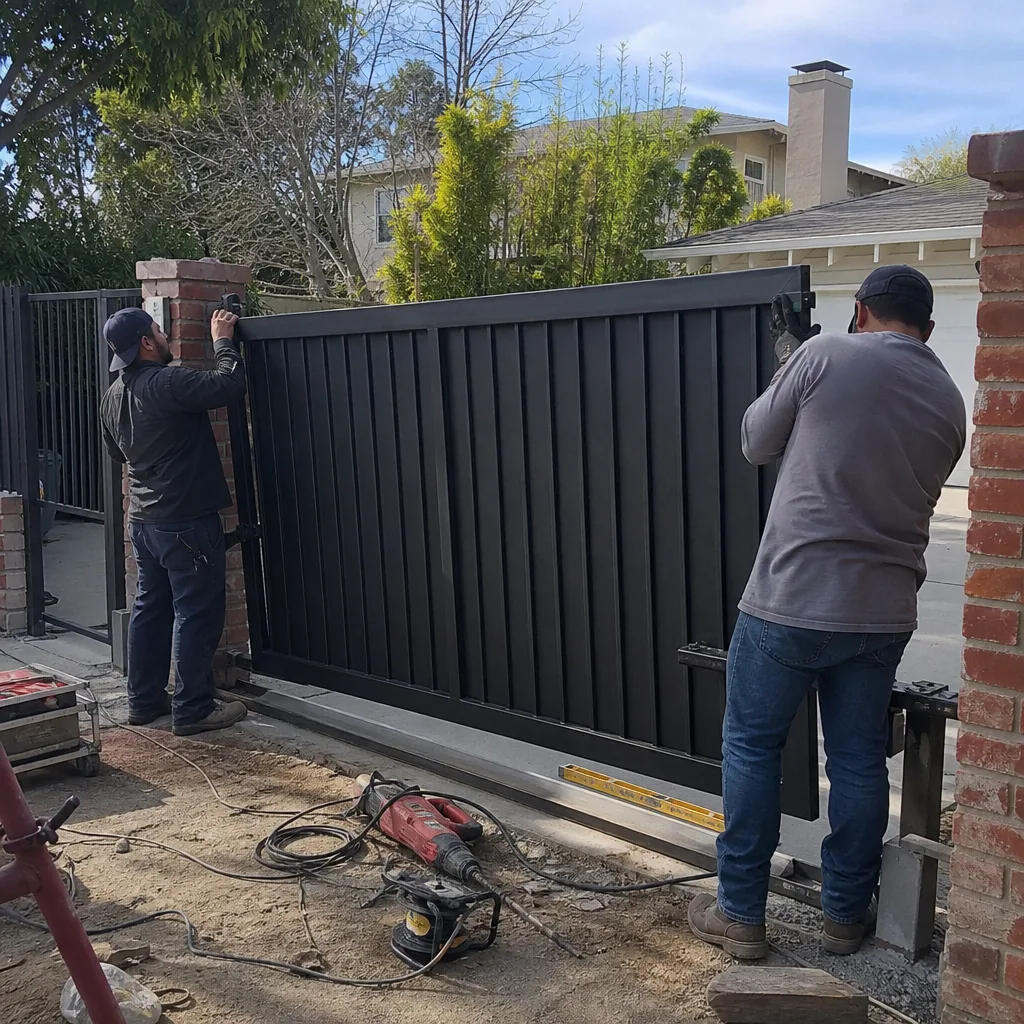 Two technicians installing a new custom metal driveway gate